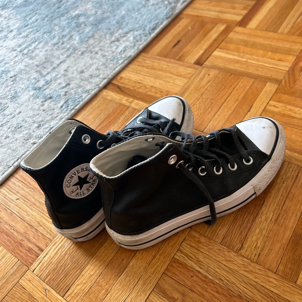 Black leather high top converse